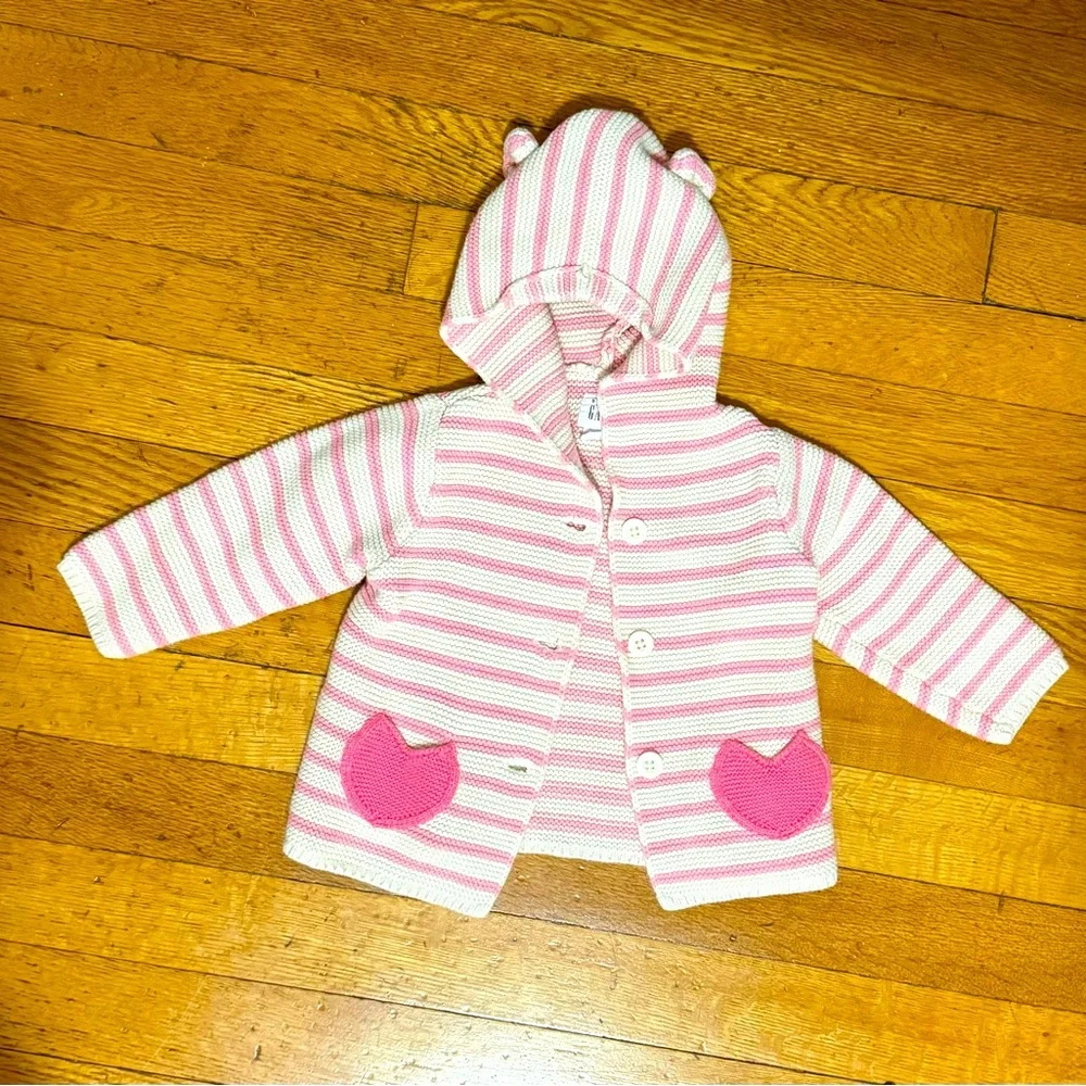 GAP Baby Pink White Hooded Knit Cardigan Heart Bear Ears Girls 6–12 Months